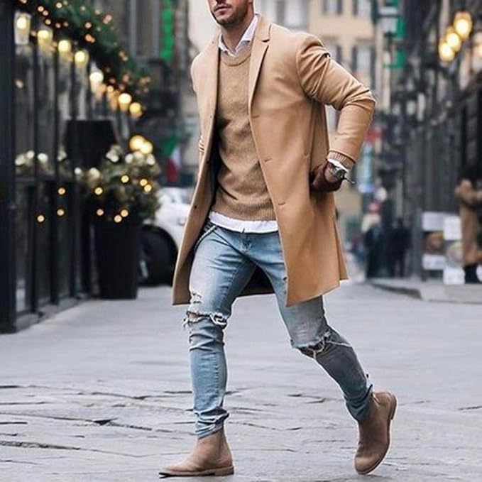 Nude slim fit long overcoat with notch lapels and button front
