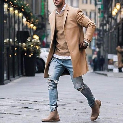 Men's Long Coat with Single-Breasted Design and Classic Tailoring