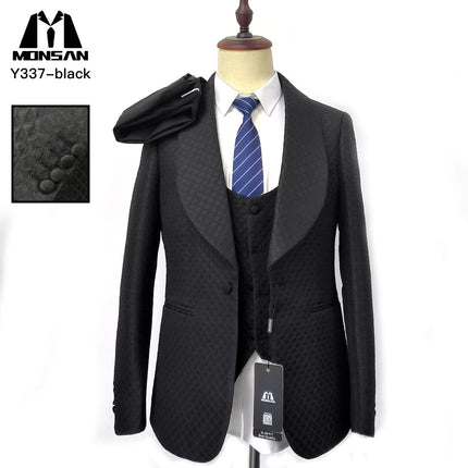 Black jacquard tuxedo jacket with shawl lapel, slim fit, two-button front