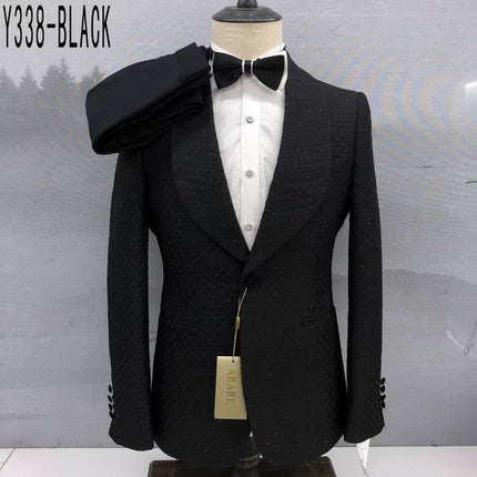 Black tuxedo suit jacket with satin shawl lapels and textured sparkle