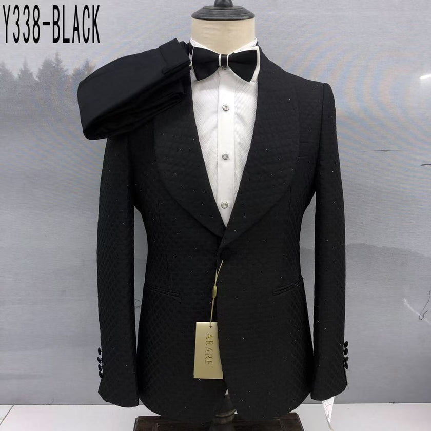 Black tuxedo suit jacket with satin shawl lapels and textured sparkle