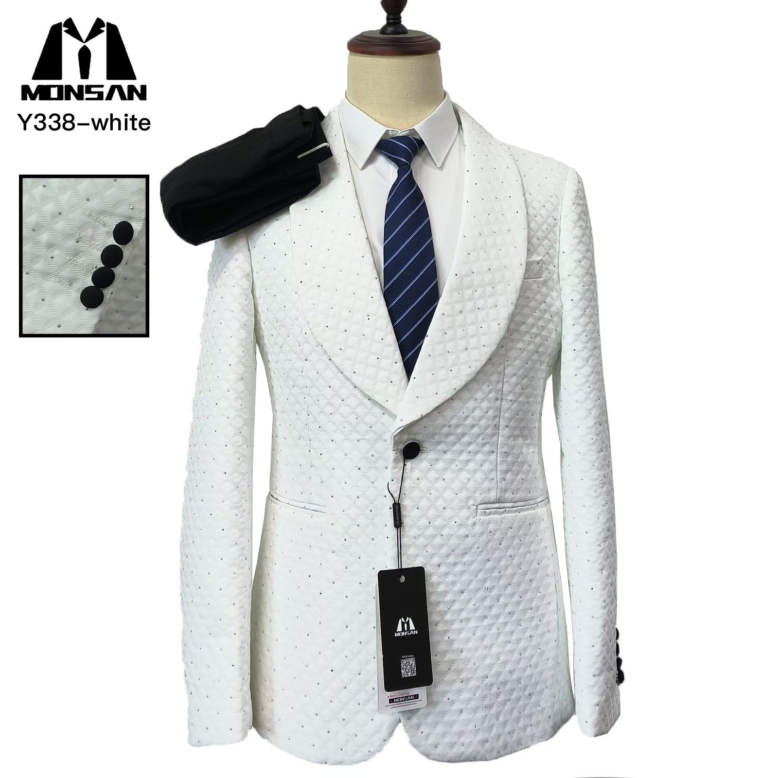 White sparkle tuxedo jacket with notched lapels, single-breasted front, slim fit