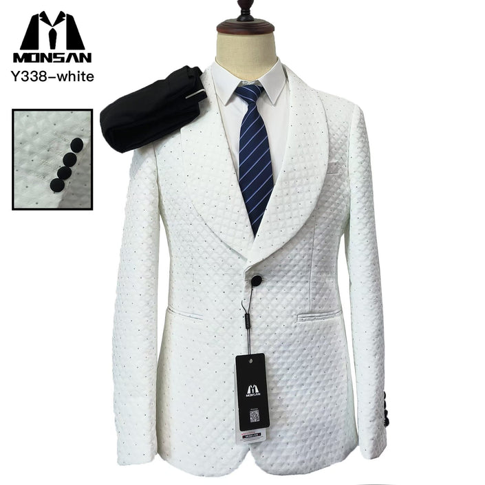 White sparkle tuxedo jacket with notched lapels, single-breasted front, slim fit