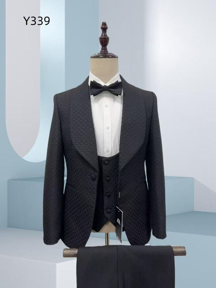 Jacquard tuxedo suit set with shawl lapel, black bow tie, vest and matching trousers