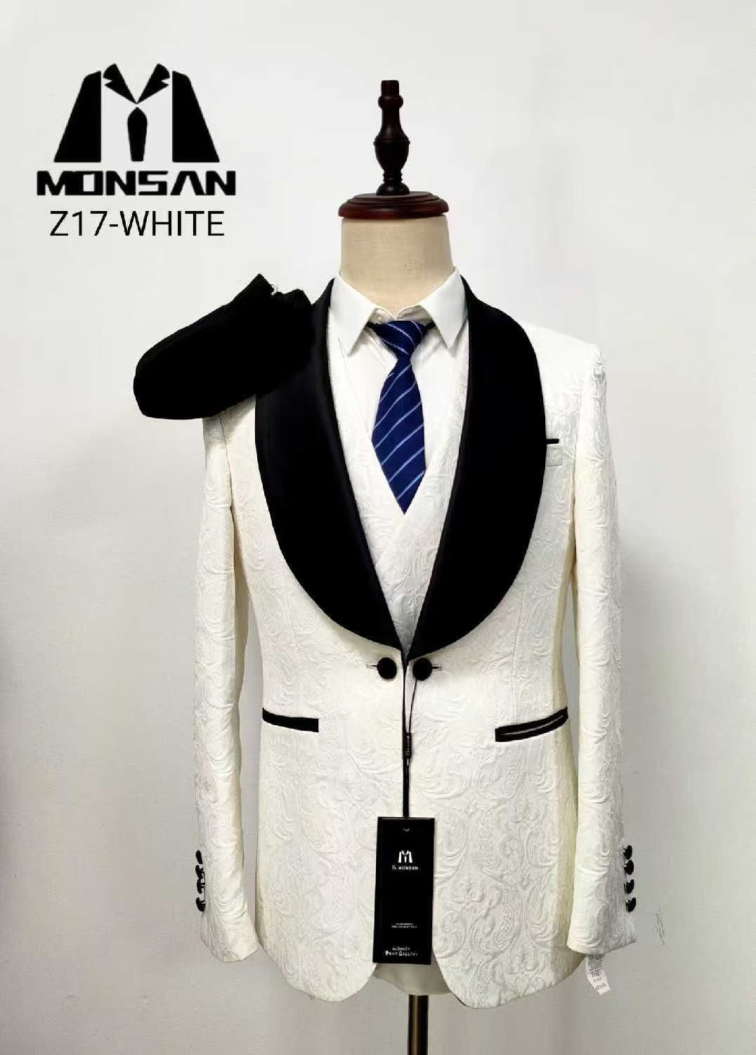White jacquard satin tuxedo suit jacket with black satin lapels, slim fit