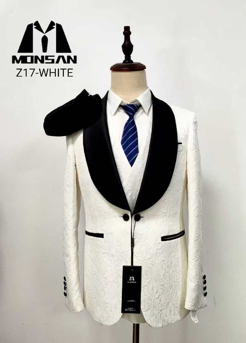 White jacquard satin tuxedo suit jacket with black satin lapels, slim fit