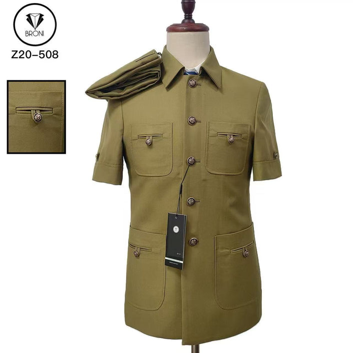 Safari suit short sleeve set jacket, olive green, multi-pocket button-front design