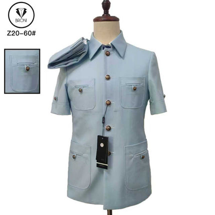 Light blue short-sleeve safari suit set with button front and multiple chest pockets