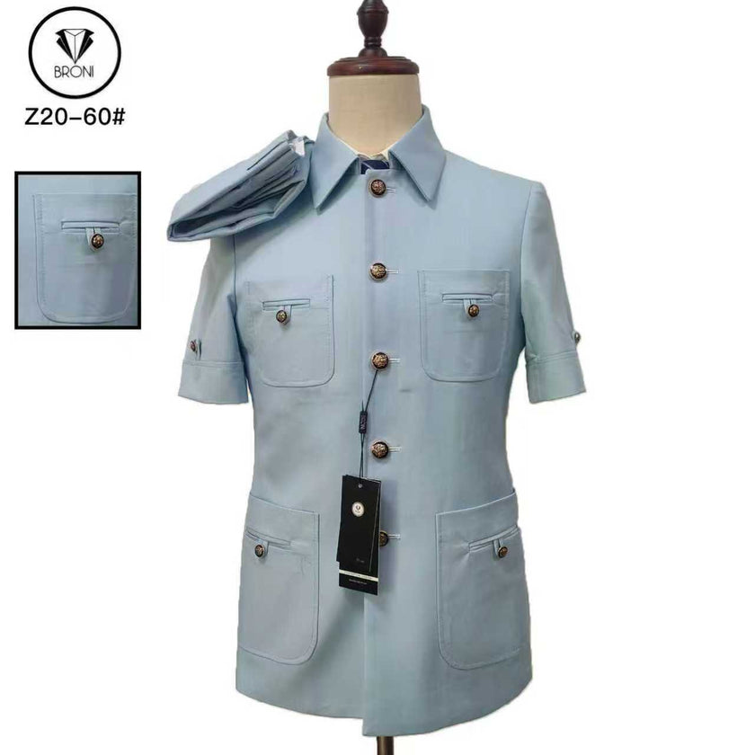 Light blue short-sleeve safari suit with flap pockets and button front