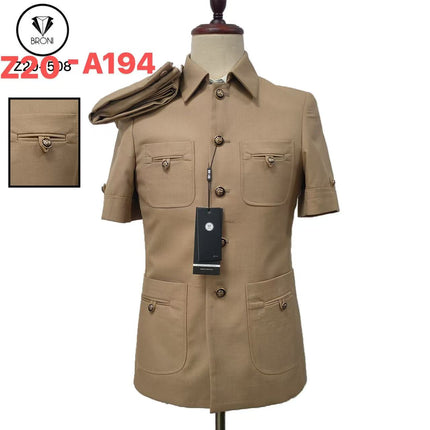 Safari suit set, khaki short-sleeve shirt with button placket and chest/side pockets