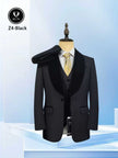 Black tuxedo suit with shawl lapel jacket, velvet finish, and waistcoat