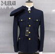 Navy military suit jacket with stand collar, flap pockets and gold buttons