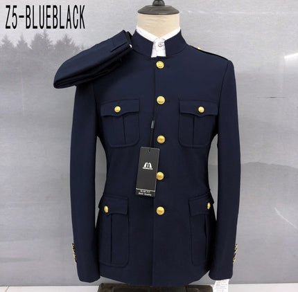 Navy military suit jacket with stand collar, flap pockets and gold buttons