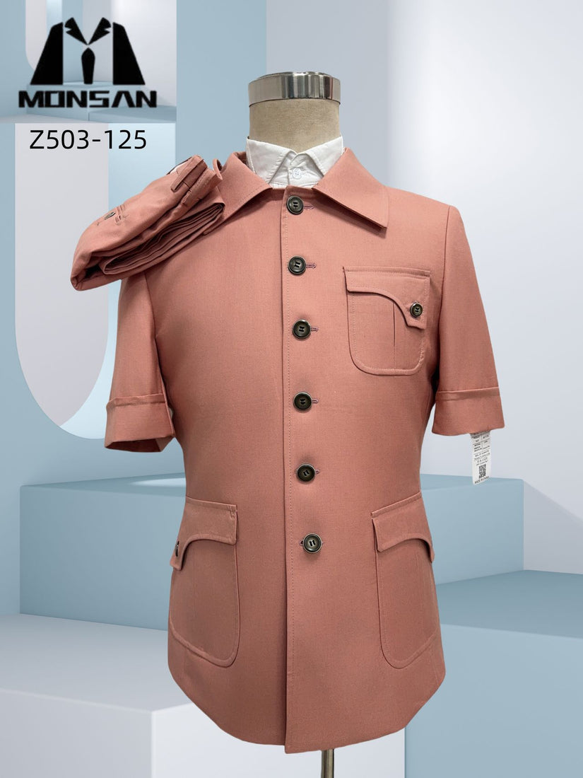 Blush safari short-sleeve jacket with button front and flap pockets