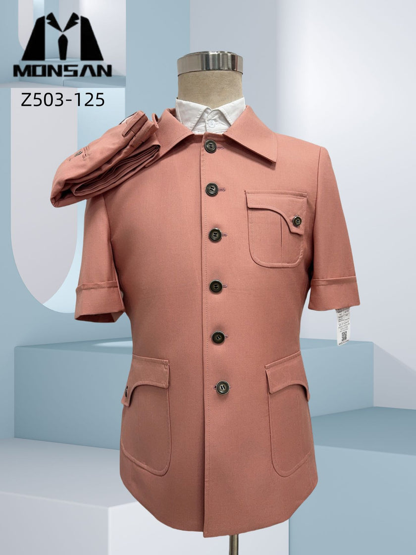 Blush safari short-sleeve jacket with button front and flap pockets