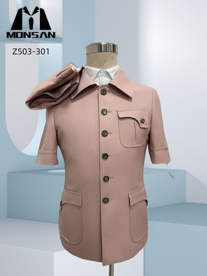 Tan short-sleeve safari jacket with button front and flap chest pocket