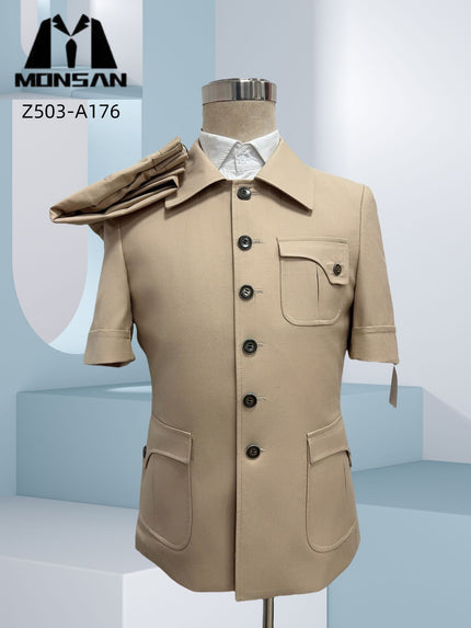 Khaki short-sleeve safari suit jacket with multiple pockets and button front