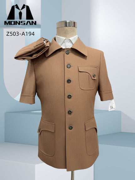 Safari Suit Set: tan short-sleeve travel jacket with button front and chest pocket