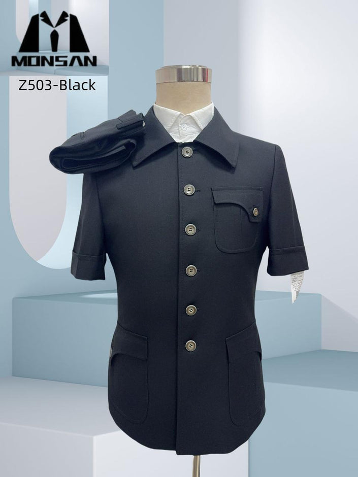 Men's dark short-sleeve safari suit with button-front, stand collar and chest pockets.