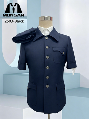 Men's navy short-sleeve suit jacket with button front and chest pocket