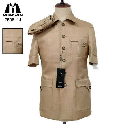 Khaki safari jacket with button front, chest pockets, and epaulets