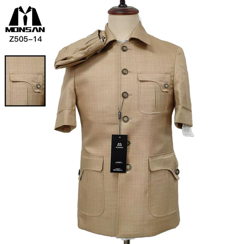 Khaki safari jacket with button front, chest pockets, and epaulets