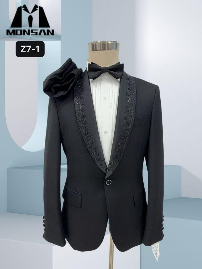 Men's slim fit rhinestone lapel tuxedo suit, black jacket with satin bow tie