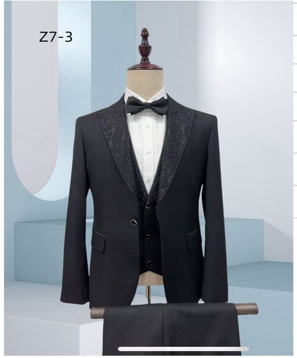 Black rhinestone tuxedo suit with vest, black bow tie, white shirt, slim lapels