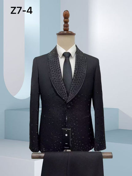 Black rhinestone tuxedo jacket with shawl lapels and two-button front