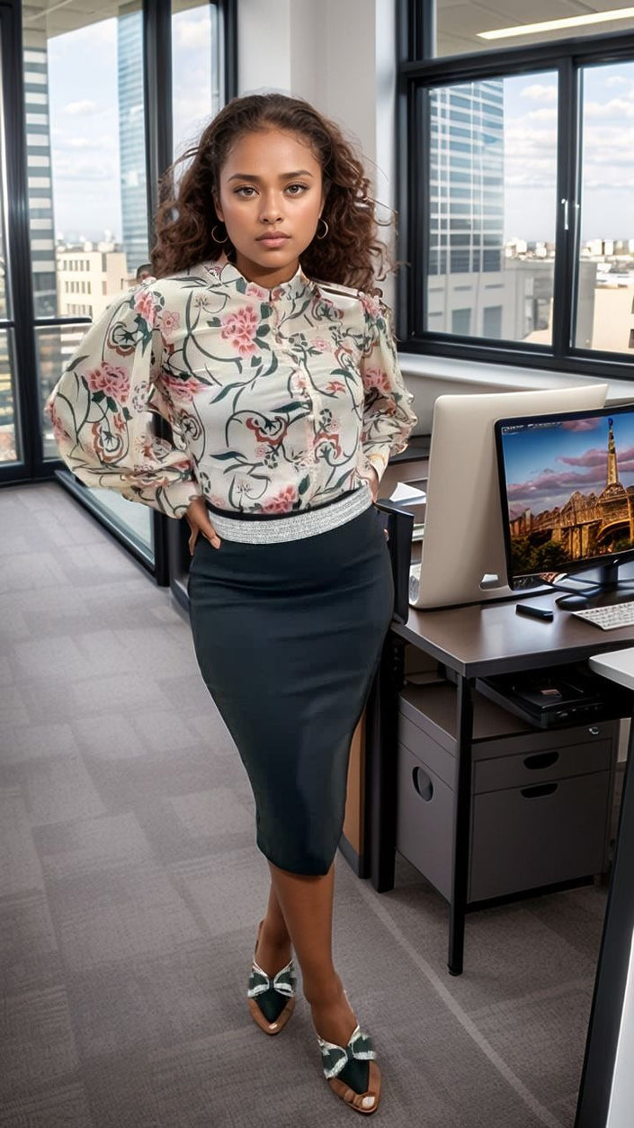 High-waist navy pencil skirt, fitted waistband and straight knee-length cut