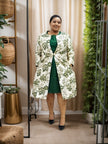 Floral cardigan and green dress twin set, cream cardigan with open front and long sleeves