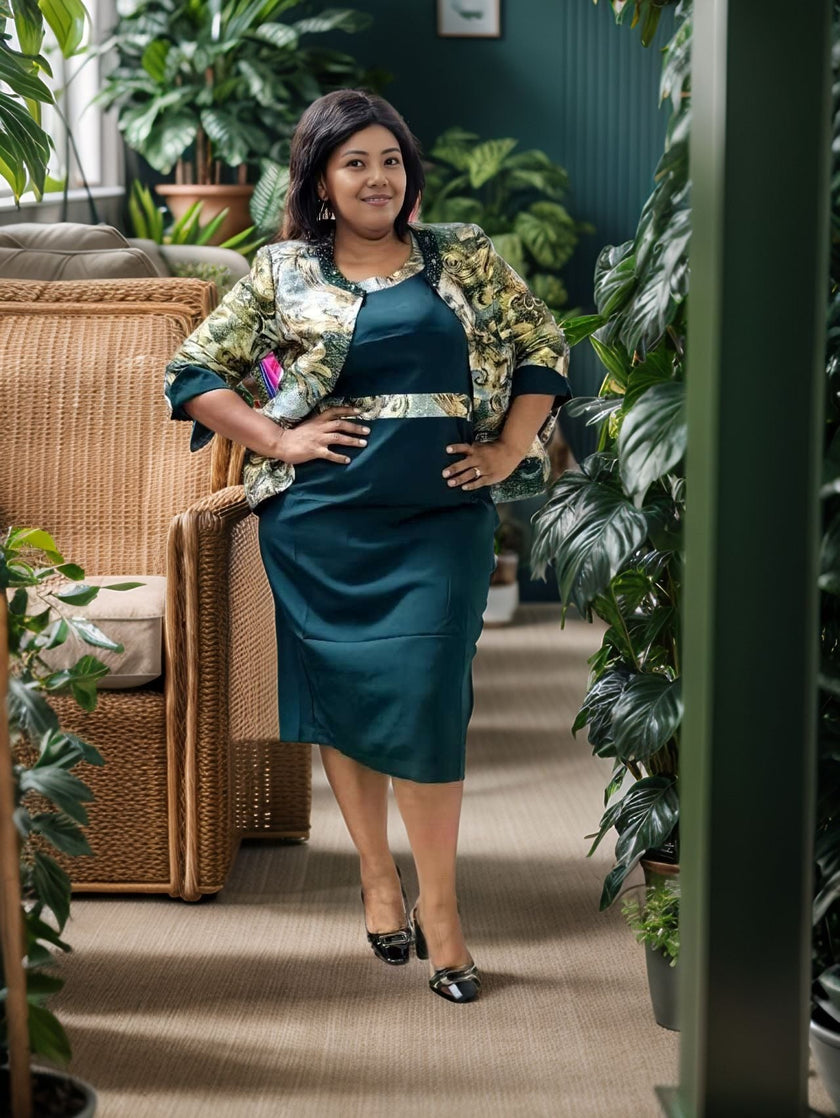 Teal midi dress with floral sequin cropped jacket and round neckline